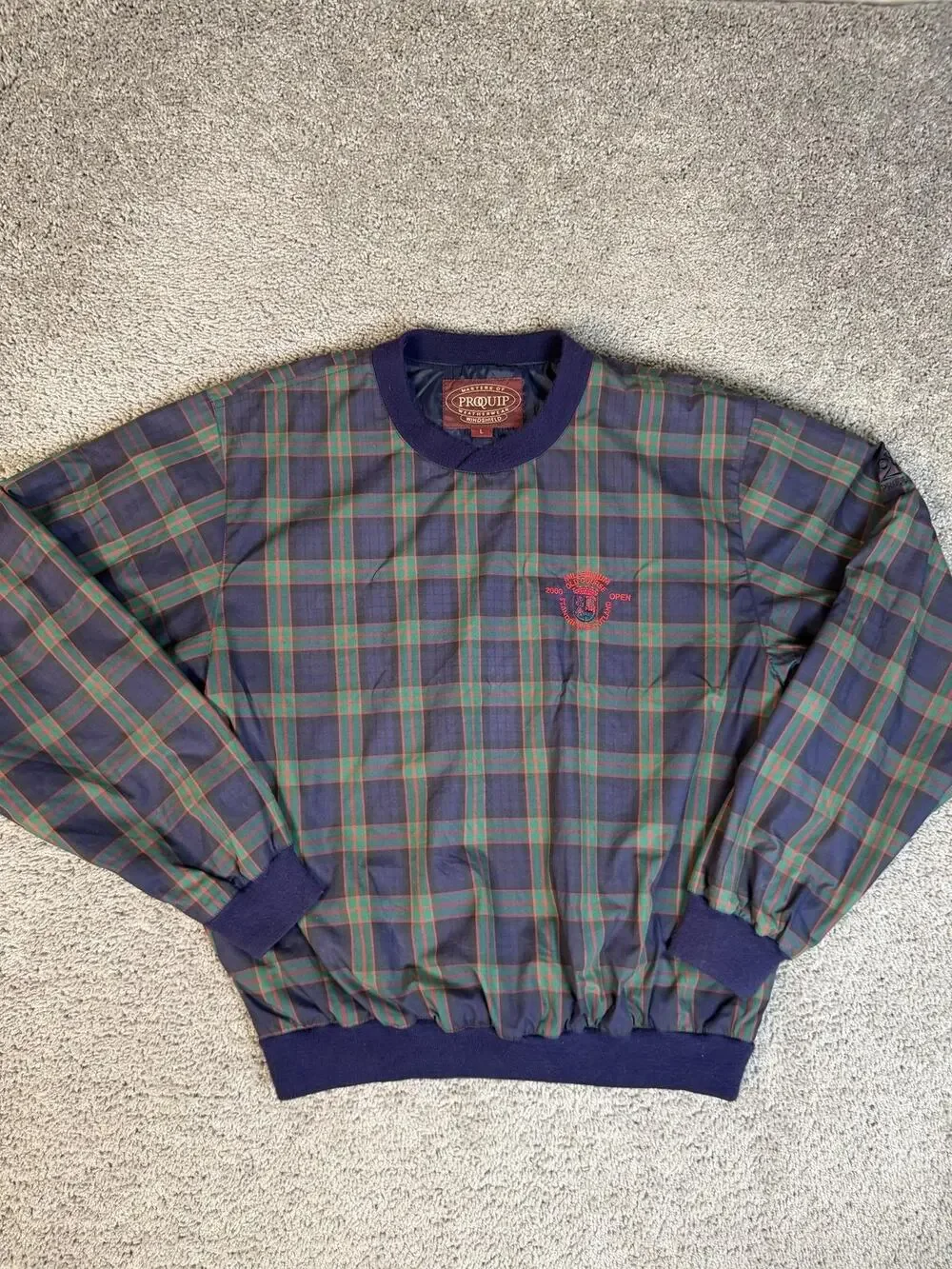 VINTAGE St Andrews The Old Course Windshirt Shirt Mens L Blue Tartan Plaid Y2K